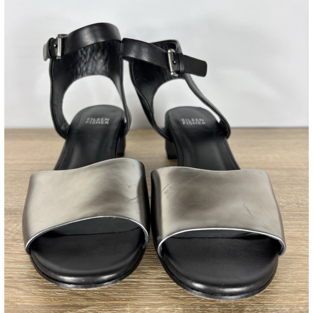 Eileen Fisher Vera Cuoio Leather Block Heel Sandals Pewter Black Womens 7.5 - Picture 4 of 13